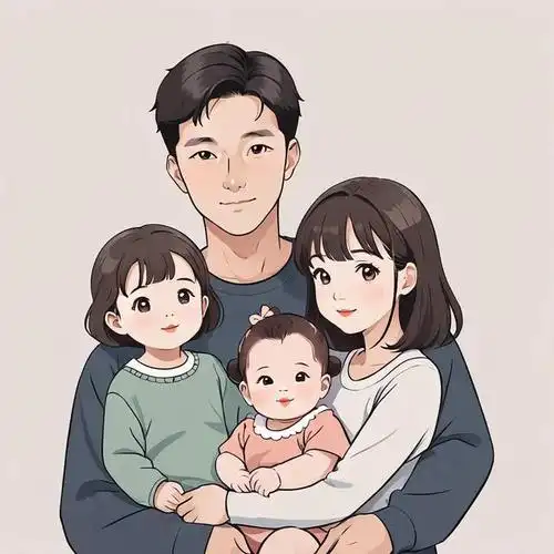 亲子头像|四口之家两个女儿手绘创意头像