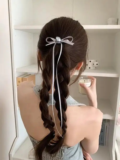 甜美风银色花朵蝴蝶结飘带发夹女后脑勺双马尾编发头饰小夹子发圈