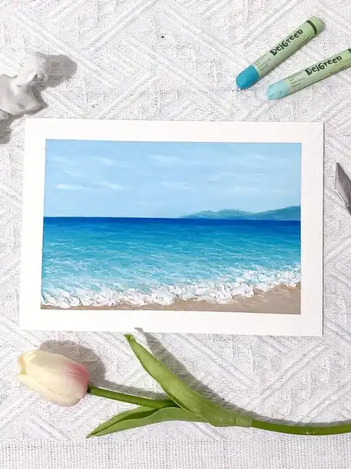 油画棒风景画蓝色大海附色号步骤