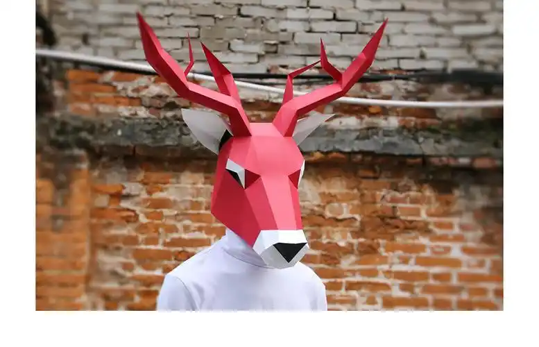 万圣节圣诞节头套麋鹿动物折纸纸模全脸面具化妆舞会派对表演道具