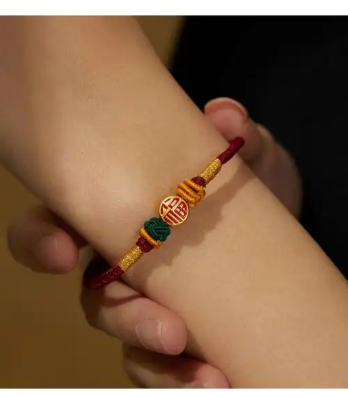 月斐珠宝古法黄金编织手链红绳福字福牌转运珠手绳足金虎年编绳女新款