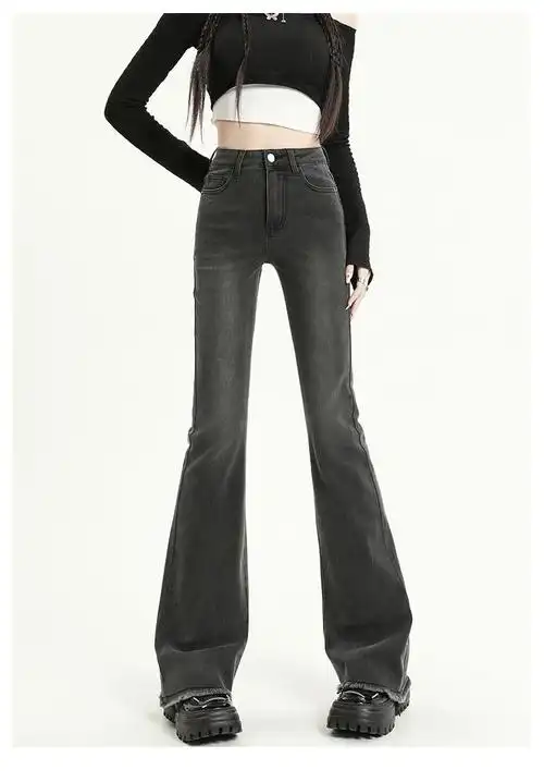 烟灰色显瘦喇叭裤微喇牛仔裤女春秋冬毛边拖地小个子九分裤子显高