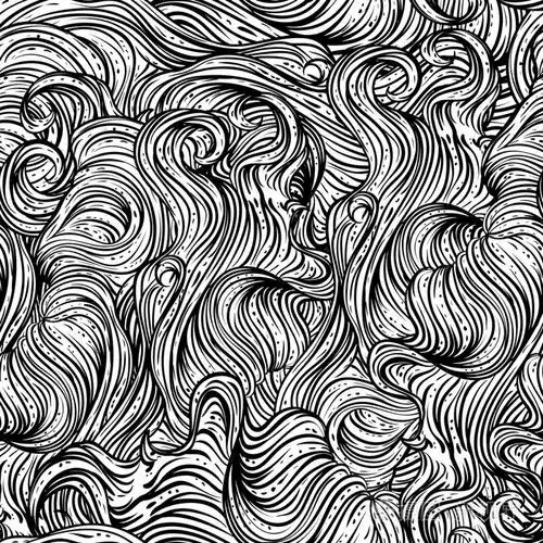 抽象的无缝模式与卷曲的头发.黑色和白色手绘矢量图中线条艺术样式
