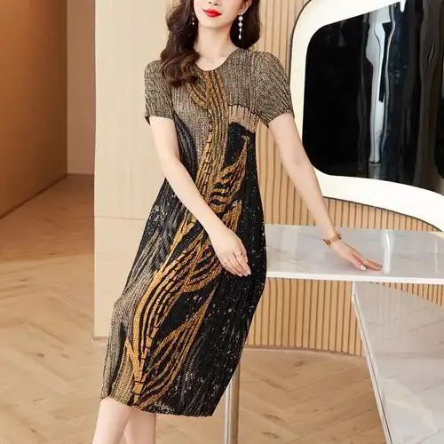 贵夫人品牌褶皱连衣裙2024夏季新款妈妈短袖印花裙子高端气质显瘦