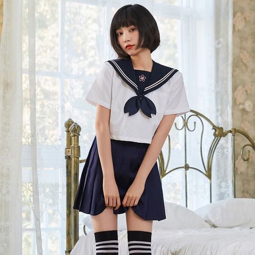 生套装 日系学院风超短裙丝袜套装大码小胸 蓝领蓝裙学生装【领结