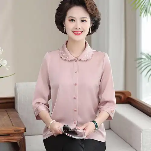 中老年妈妈真丝衬衫夏装洋气质桑蚕丝上衣女士七分袖小衫休闲衬衣