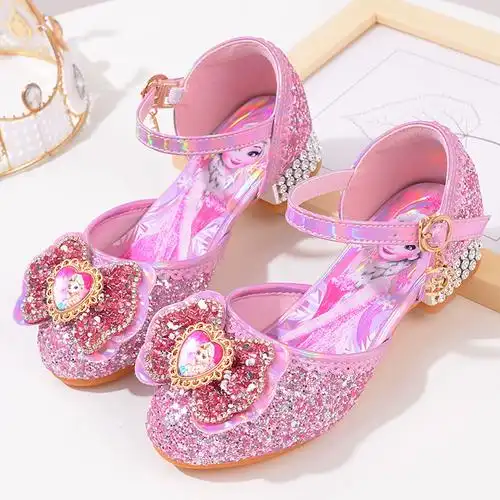 学生舞蹈表演女孩子水晶鞋儿童高跟鞋网红水钻爱莎女童公主鞋新款