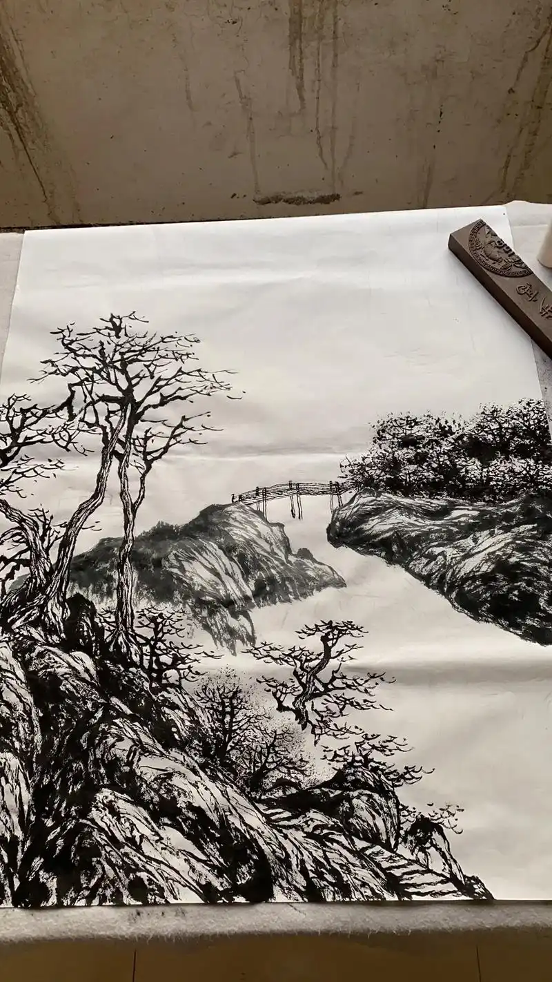 小桥流水人家#国画山水 #乱涂乱画系列 #日常瞎画 #水墨 - 抖音