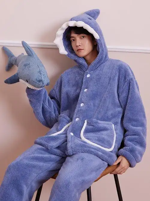 鲨鱼情侣款睡衣冬季新款加厚家居服套装