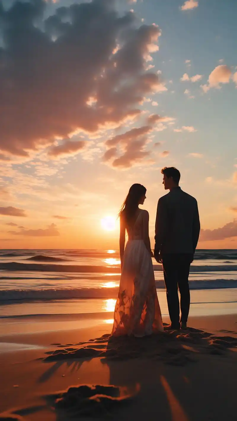 93海边日落下的情侣背影壁纸99 想象一下,在金色的日落余晖中,一