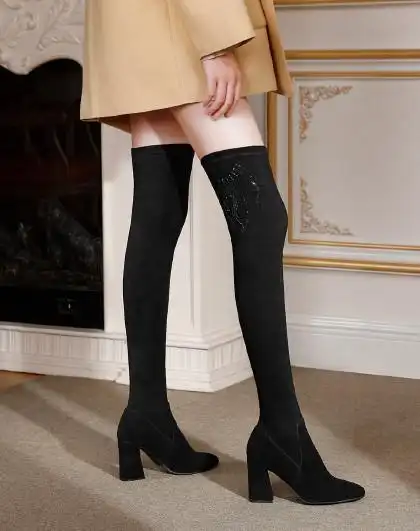 2020年秋冬新款女鞋长靴尖头粗跟弹力靴女靴长筒过膝靴高跟鞋