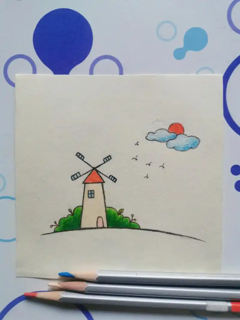 简笔画风景.今天画简笔画风车06～ 工具:马可48色油性彩铅 - 抖音