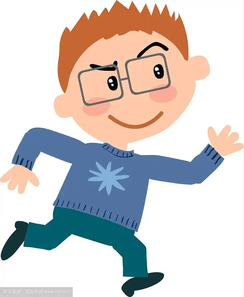 卡通形象的男孩,戴着眼镜跑步