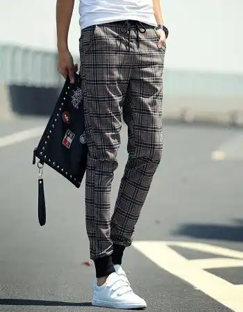 2015年秋冬新款韩版男士修身格子哈伦裤小脚裤休闲裤男 格子 l