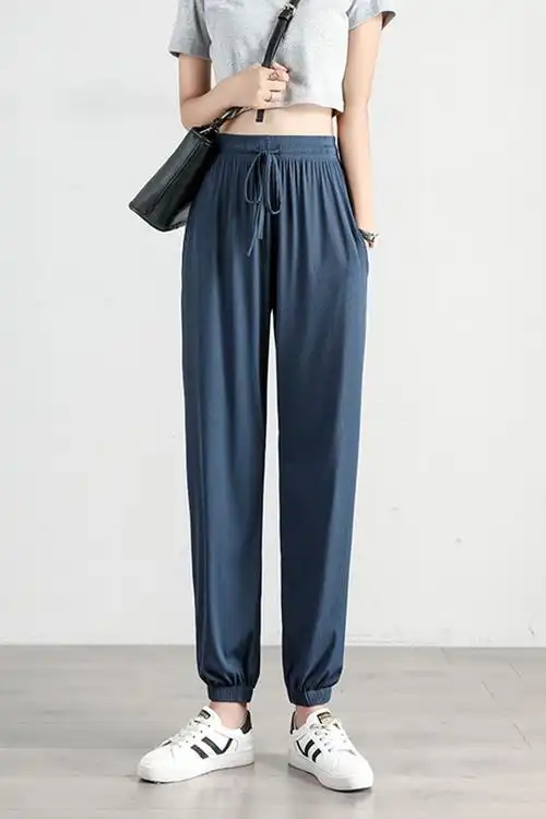 潮牌冰丝运动裤女夏高腰垂感薄款休闲裤子2021新款宽松阔腿灯笼裤