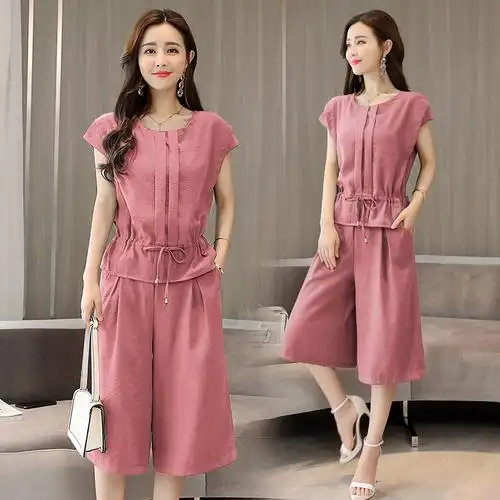 女士新品女装夏两件套裤棉麻短袖上衣七分裤阔腿裤休闲时尚套装女