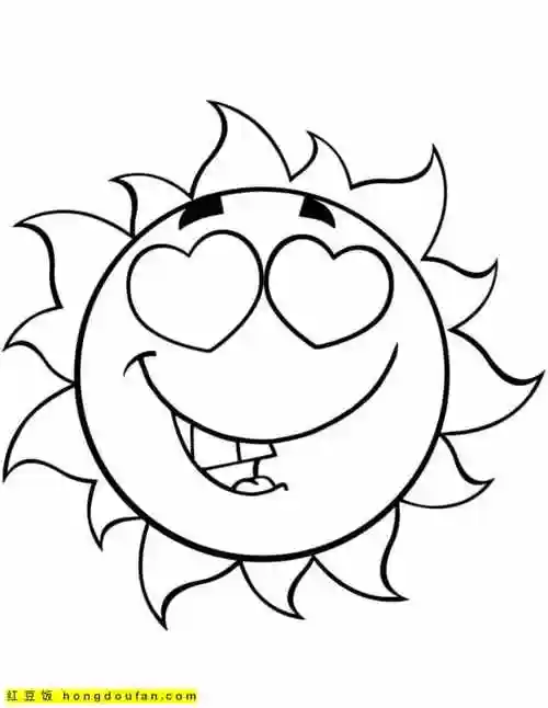 9张大眼睛的有着丰富细节的卡通太阳涂色简笔画-红豆饭小学生简笔画