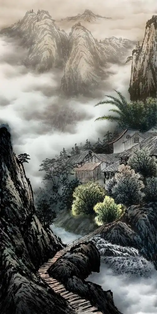 ps板绘彩墨山水作品 古村写韵 染尘 - 堆糖,美图壁纸兴趣社区