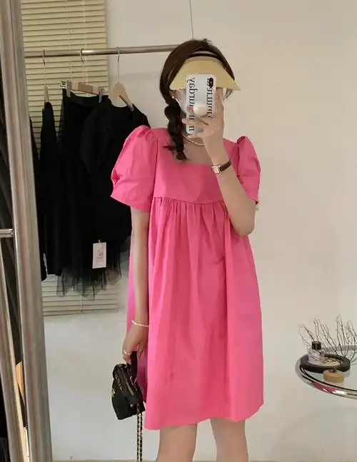 现货减龄玫粉色显白泡泡袖娃娃裙连衣裙女 - 17网