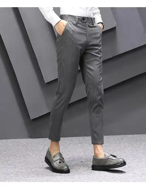 男士商务休闲春夏上班韩版小脚裤灰色裤修身英伦男裤男士条纹西裤九分