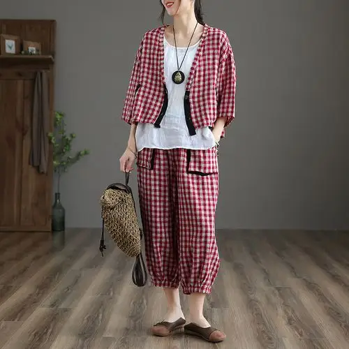 dza 文艺格子棉麻外套女士上衣亚麻七分裤套装新款夏季休闲两件套