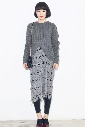 欧美风麻花蕾丝拼接下摆圆领长袖针织衫女冬打底衫毛衣连衣裙图片_10