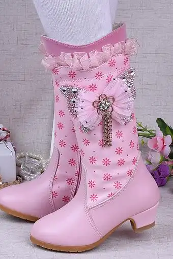 女童高跟靴子中大童宝宝儿童高筒冬季加绒公主鞋秋冬新款长靴