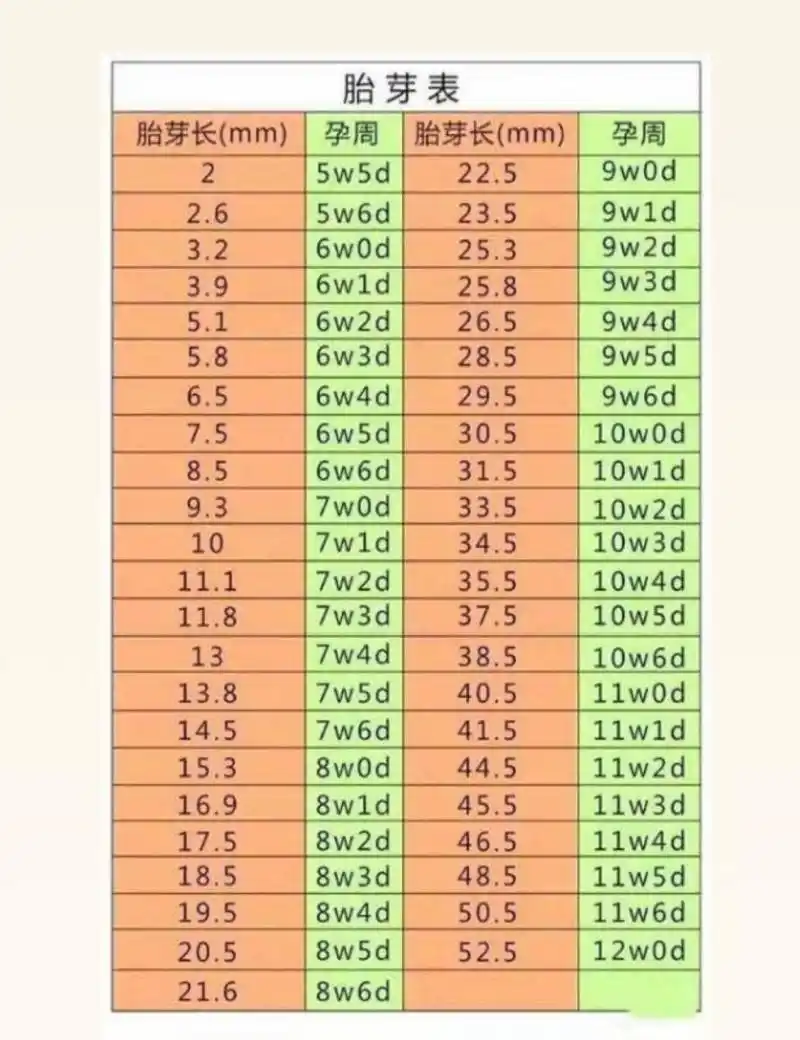 周的小伙伴看过来 可以看自己的胎芽长度 献上胎芽周期表 自己对照