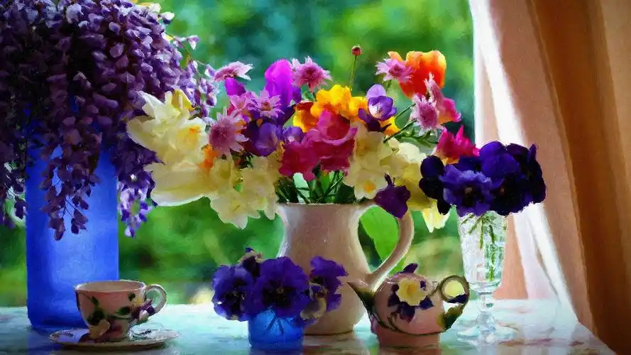 绘画,flowers,vases,pansies,bouquets,cup,painting,壁纸,高清壁纸
