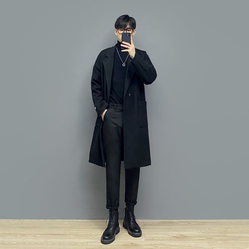 【套装】小红书潮男穿搭秋冬中长款帅毛呢大衣韩版宽松轻熟风外套
