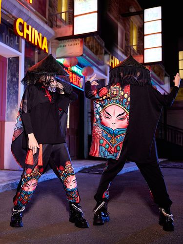 元旦少儿国潮嘻哈街舞演出服中国风男童模特t台走秀表演服脸谱套