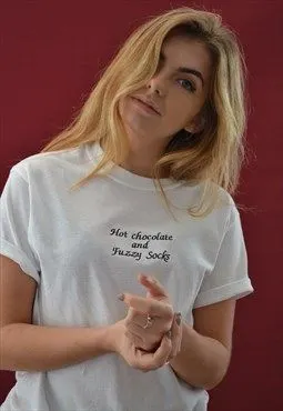 hot chocolate slogan embroidered white t-shirt