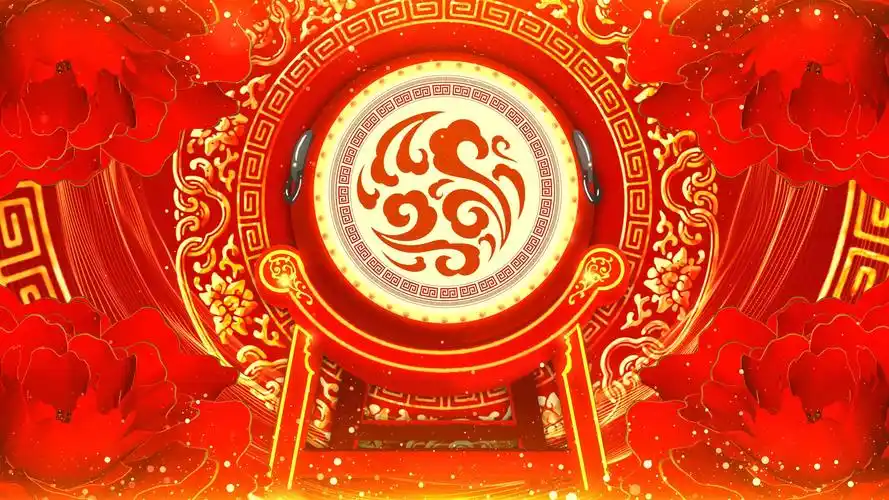 4k喜庆锣鼓鼓舞牡丹盛开舞台晚会演出背景