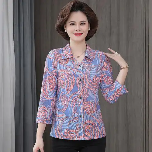 新款中老年大码衬衫女七分袖宽松上衣5060翻领夏妈妈装长袖打底衫