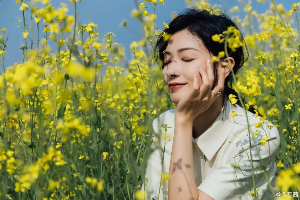 万茜晒照承包油菜花田穿白衣浅笑温柔迷人