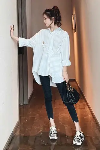 初秋新款宽松中长款不规则洋气条纹衬衫高腰修身显瘦小脚裤两件套