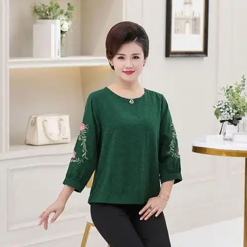 妈妈装春秋装新款t恤40-60中老年女装民族风棉麻七分袖大码上衣女