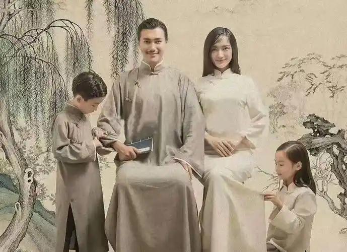 邓超孙俪中国风全家福影楼亲子写真服装复古民国风长衫旗袍情侣服