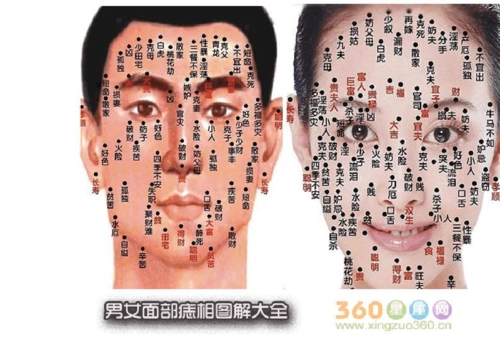 面部痣的位置与命运,男女面部痣相图解大全