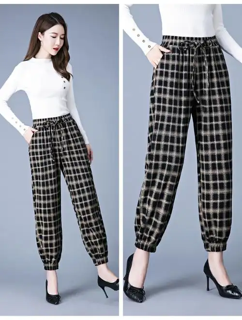 妈妈萝卜裤秋季长裤中老年花裤子女中年50岁春秋款宽松格子哈伦裤