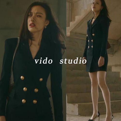 流金岁月倪妮同款黑色双排扣收腰气质显瘦西装连衣裙包臀小黑裙秋