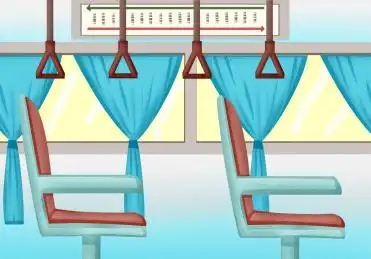 扁平风格蓝色的公交车车箱座位插画背景