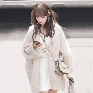 2021秋程潇明星同款衣服慵懒风简约大口袋宽松长袖毛衣外套开衫女