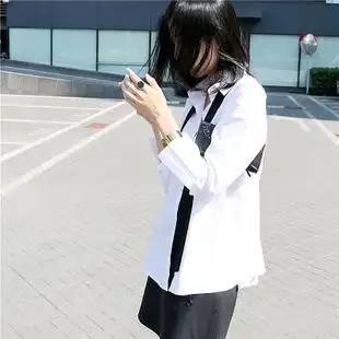 秋季新款女装宽松a字形基础百搭黑领带白衬衫 长袖喇叭袖棉衬衣