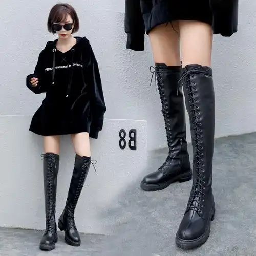 冬季新款真皮厚底过膝长靴女百搭系带高筒靴平底长筒马丁靴机车靴