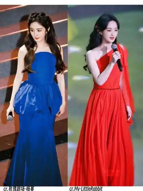 赵丽颖,杨幂同时亮相百花迎春晚会上演红蓝cp,罕见同台_造型_颜色_cp