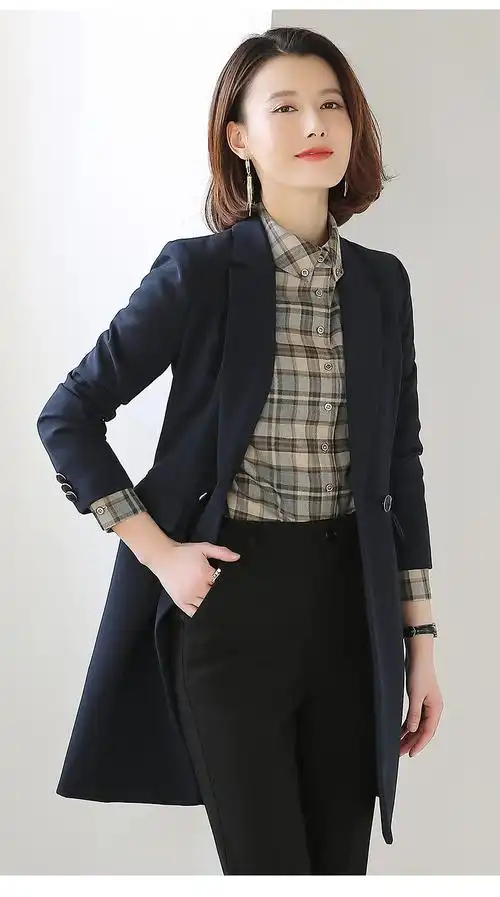 藏蓝色西装外套女中长款设计感小众休闲气质职业装春新款修身西服 藏