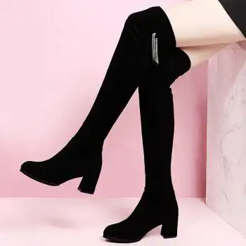 冬季加绒加厚女靴过膝盖长靴女秋冬显瘦高跟长筒靴高筒靴中跟靴子女