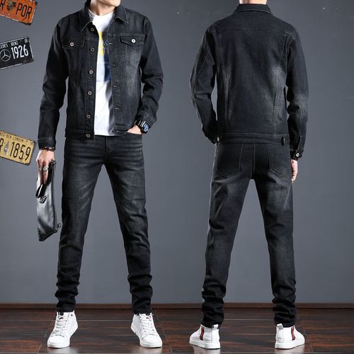 冬季男士牛仔套装韩版修身潮流外套 黑色 当天发货 m码外套 28码裤子