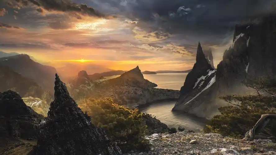 壁纸 山,树,海,日落,云 1920x1080 full hd 2k 高清壁纸, 图片, 照片